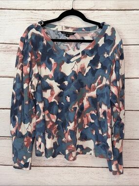 Zac & Rachel XL Floral Waffle Knit Top | Balloon Sleeve V Neck